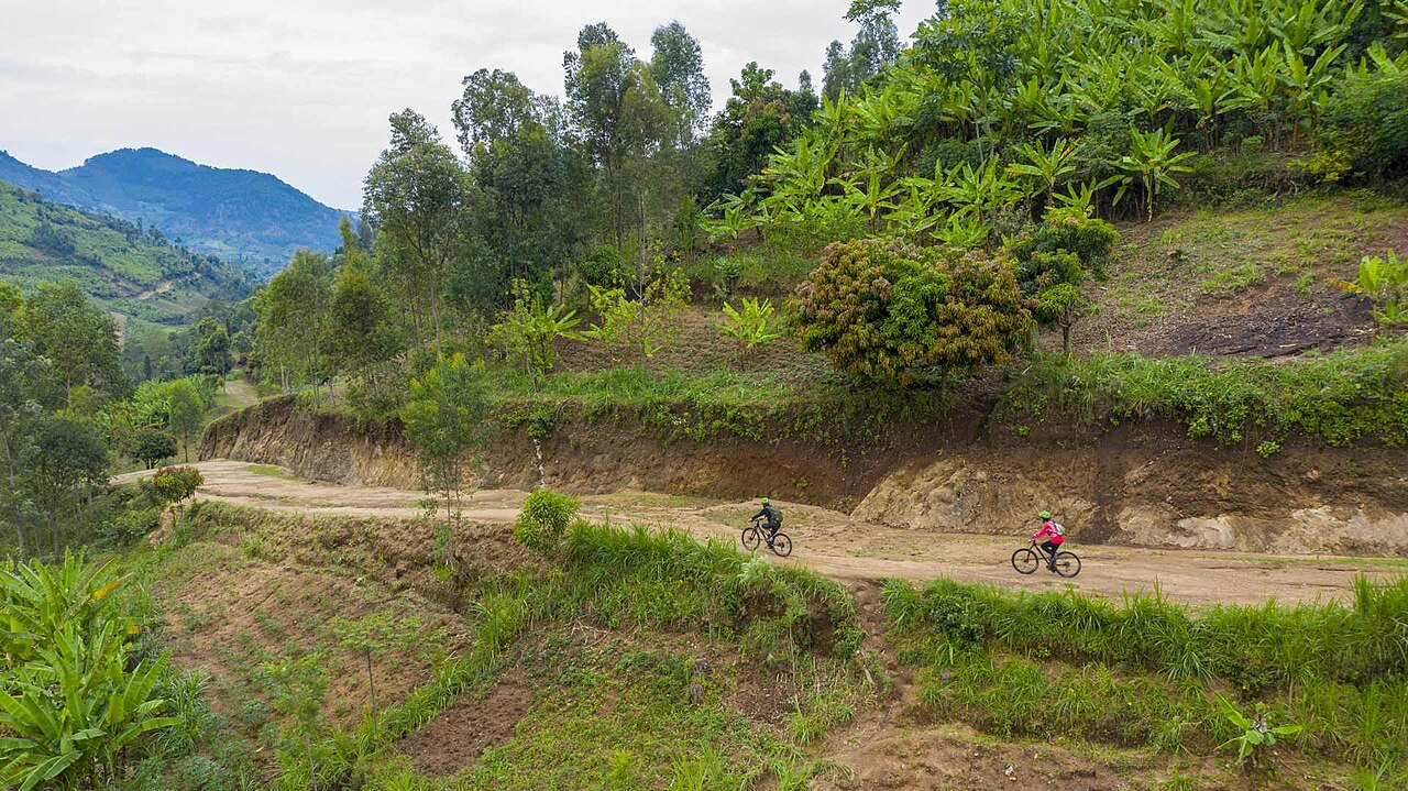 Cyclists follow a dirt road through the green hills along the Congo Nile Trail in Rwanda.