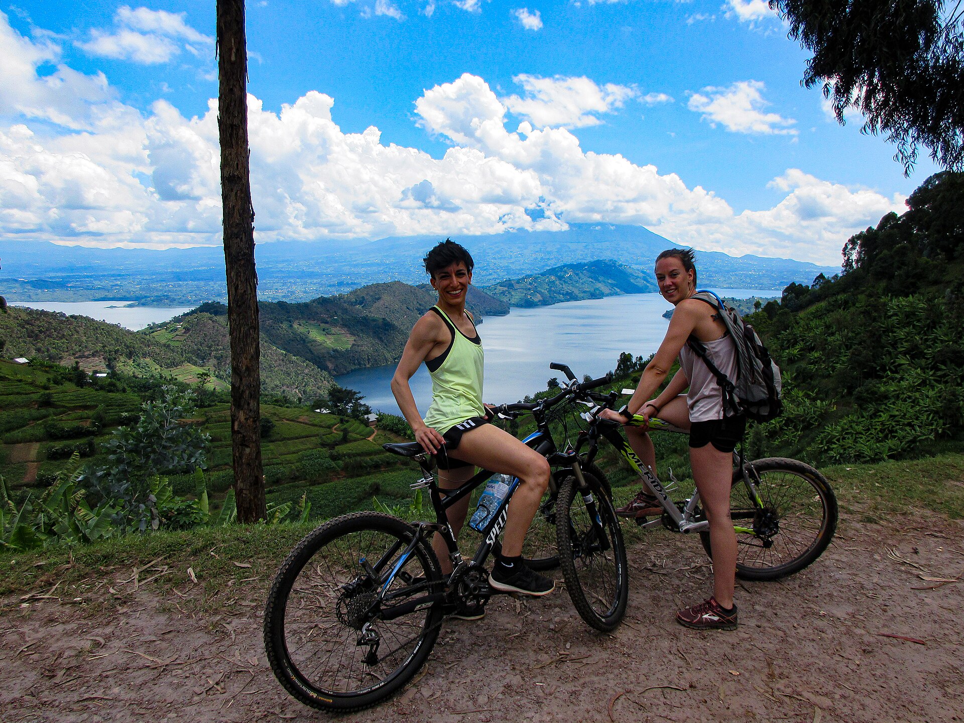Travelers look out over Rwanda’s Twin Lakes, Burera and Ruhondo.